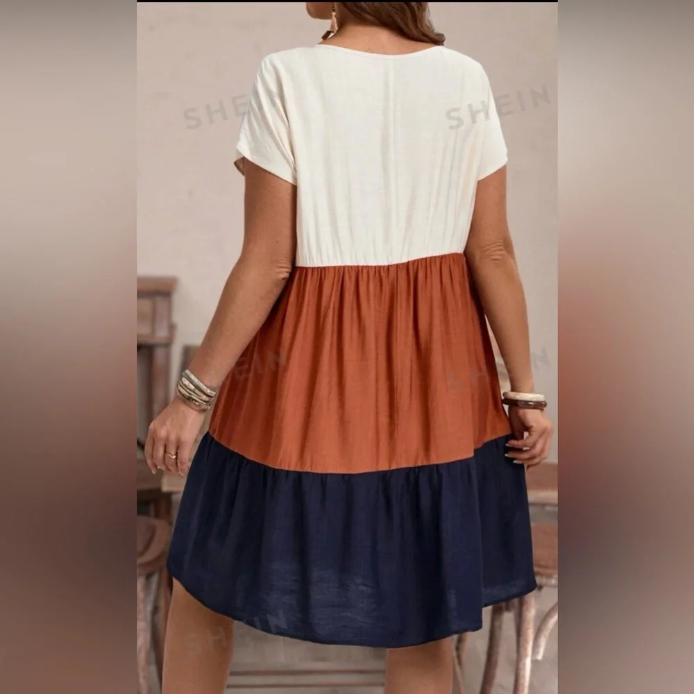 EMERY ROSE Navy/Rust/Tan Contrast Color A-Line Flare Dress, Size 2XL(16), EUC. - Picture 8 of 10